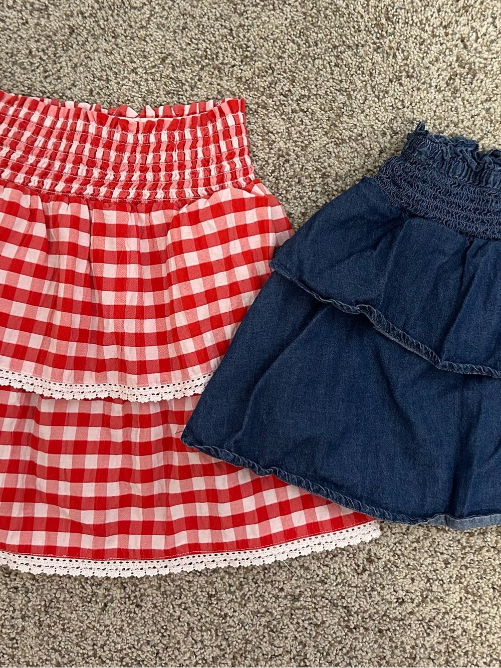 Cat & Jack Girls Red Gingham Tiered Skirt with Navy Chambray Ruffle skirt